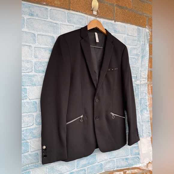 Zara MAN Black Blazer w Studs & Floral 3 D patches size 40 - Picture 4 of 16